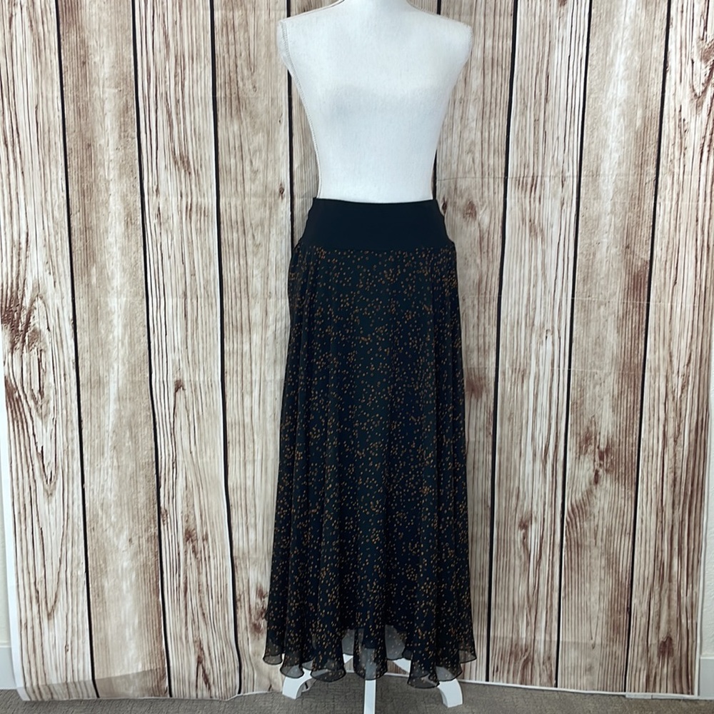 Silk Club Collection Black Flowy Maxi Skirt w/Brown Polka Dot Pattern Size Small - Picture 2 of 8